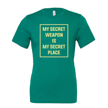 Load image into Gallery viewer, &quot;My Secret Weapon is My Secret Place&quot; Green/Tan T-Shirt
