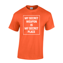 Load image into Gallery viewer, &quot;My Secret Weapon is My Secret Place&quot; Orange/White T-Shirt
